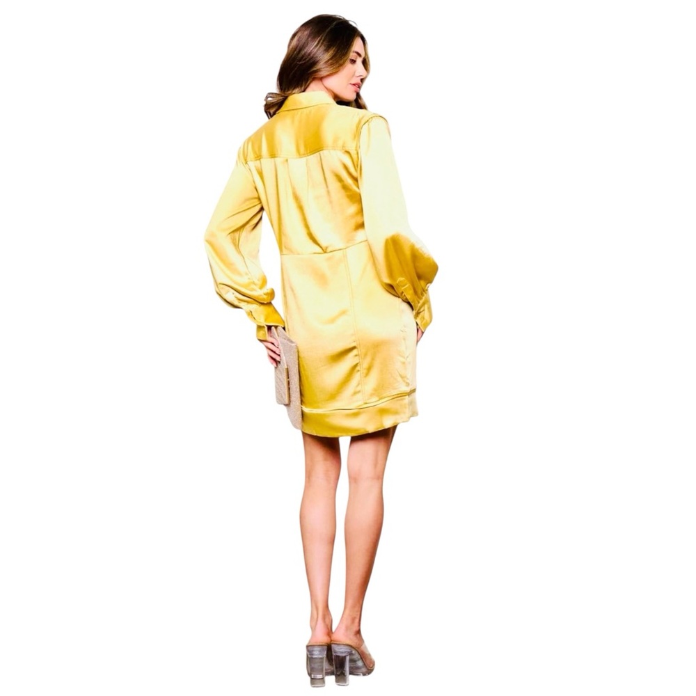 Gold Satin Button-Up Shirt Dress – Long Sleeve Mini Silky Shift – Sizes S M L - Picture 4 of 7